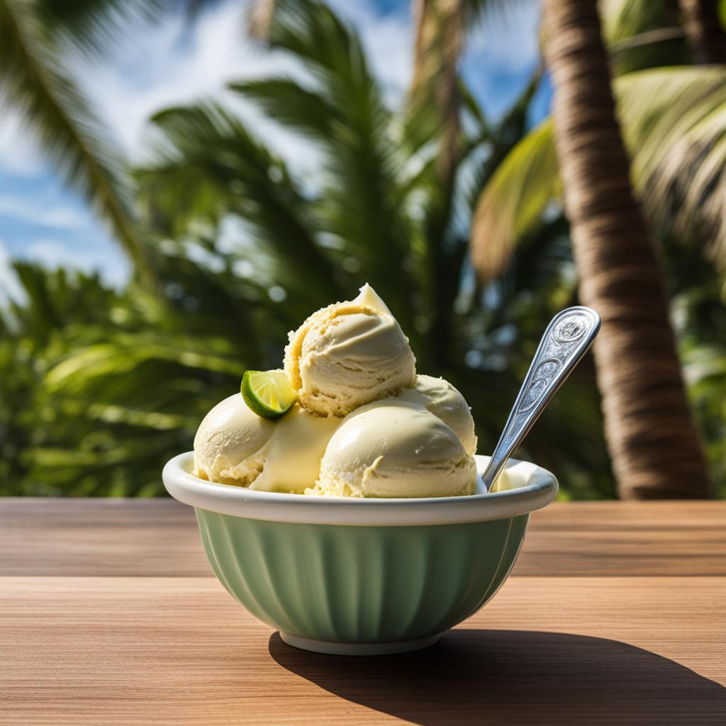 key lime pie ice cream relished at a beachside tiki bar with swaying palm trees. 