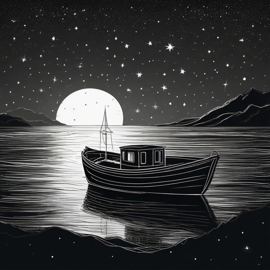 drawing of a boat under the stars  minimal rough sketch scribbles,doodles,black and white