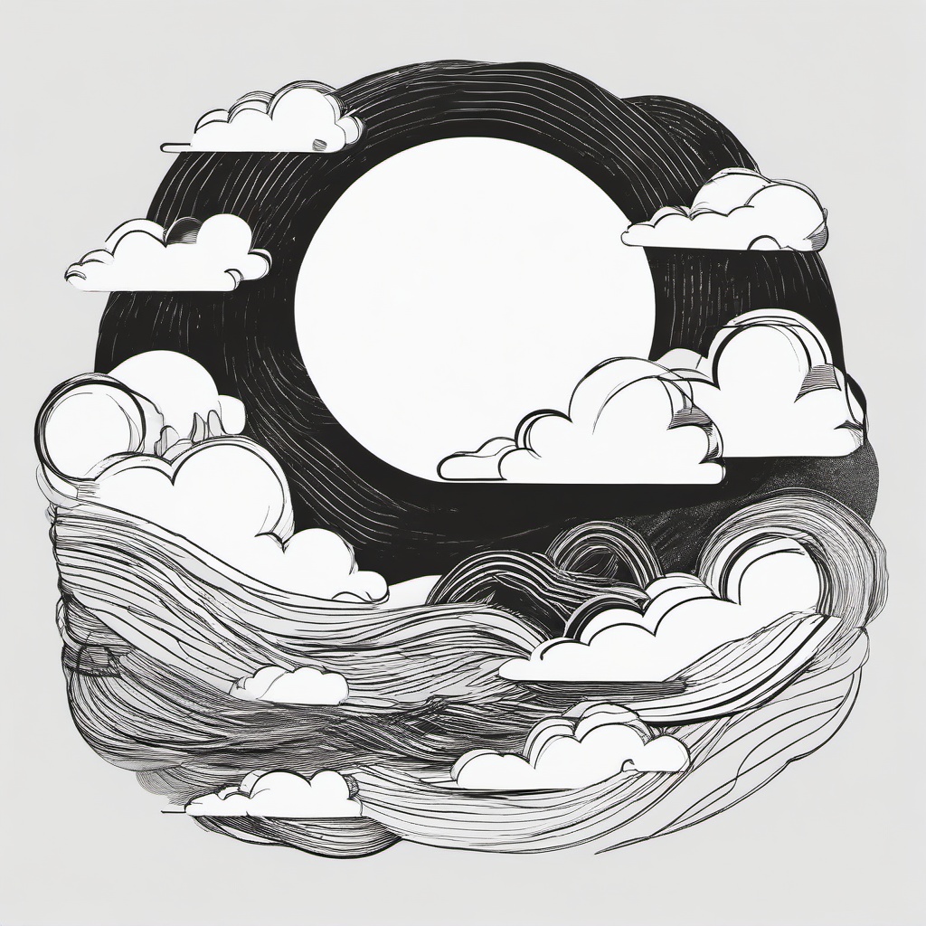 drawing of a sun with clouds  minimal rough sketch scribbles,doodles,black and white