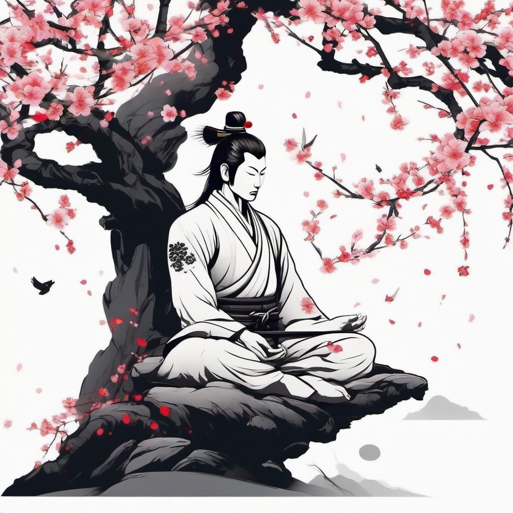 Samurai tattoo meditating under a blossoming cherry tree.  color tattoo,minimalist,white background