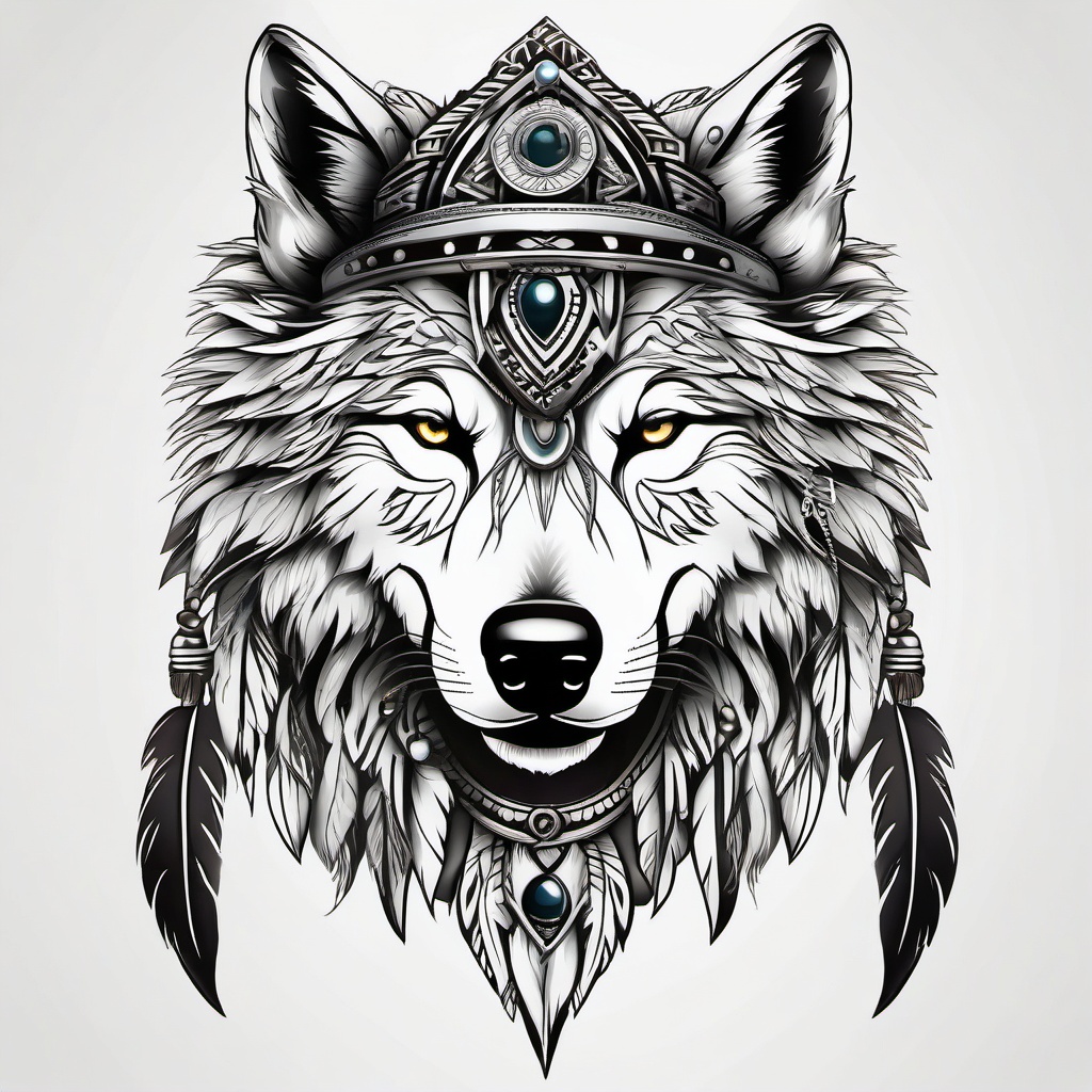 Wolf with Headdress Tattoo,wolf adorned with a tribal headdress in a striking tattoo, symbolizing courage and honor. , tattoo design, white clean background