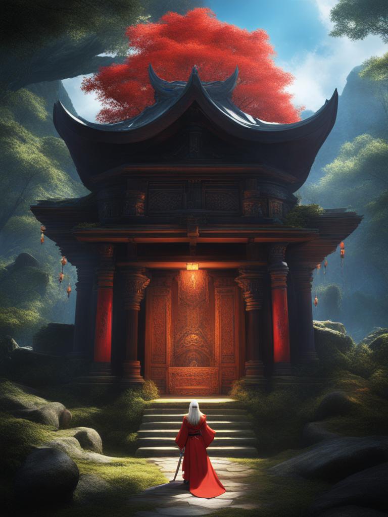 inuyasha,inuyasha the half-demon,protecting a mystical shrine from demons,a sacred forest detailed matte painting, deep color, fantastical, intricate detail, splash screen, complementary colors, fantasy concept art, 8k resolution trending on artstation unreal engine 5