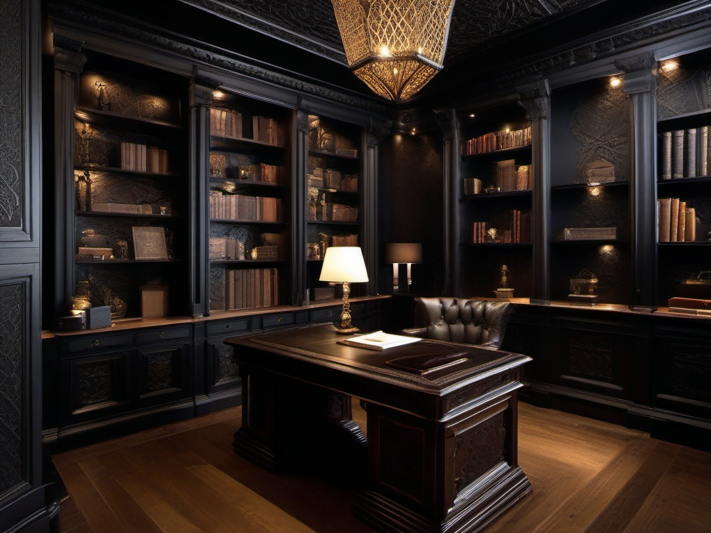 The home office exemplifies Gothic interior design, featuring a large oak desk, dark wallpaper with intricate patterns, and shelves filled with ancient tomes that inspire creativity and focus.  