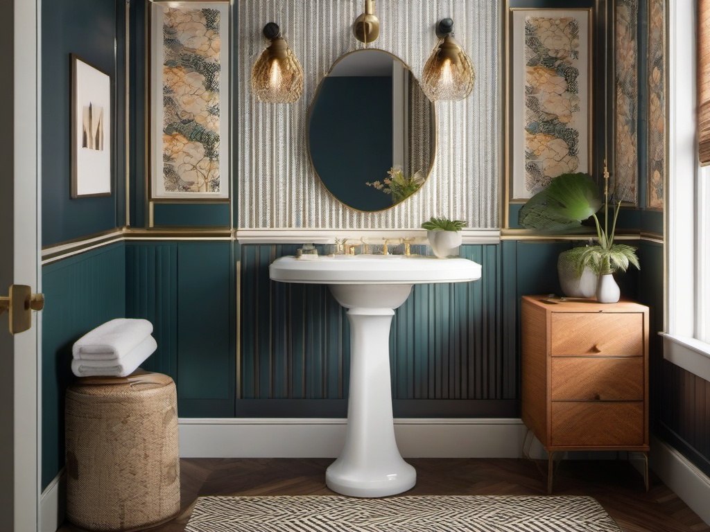 A small bathroom designed with vintage interior design highlights retro wallpaper, a pedestal sink, and decorative mirrors that elevate the space into a functional and stylish retreat.  