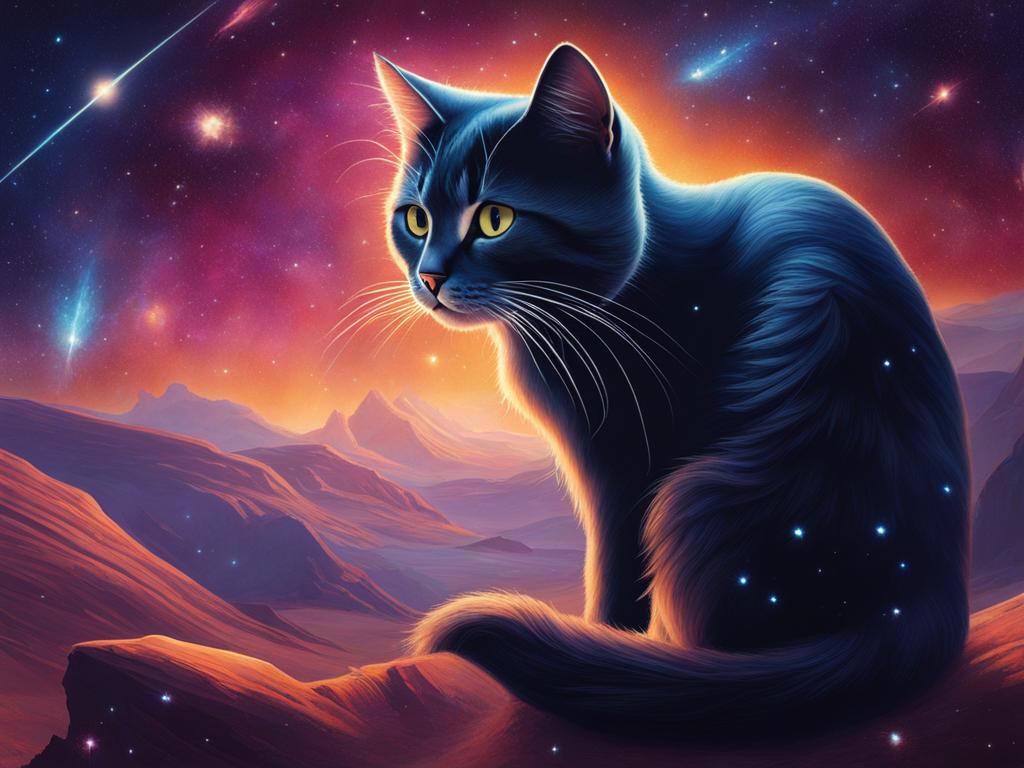 imagine a cosmic dreamscape with a celestial cat chasing shooting stars. 