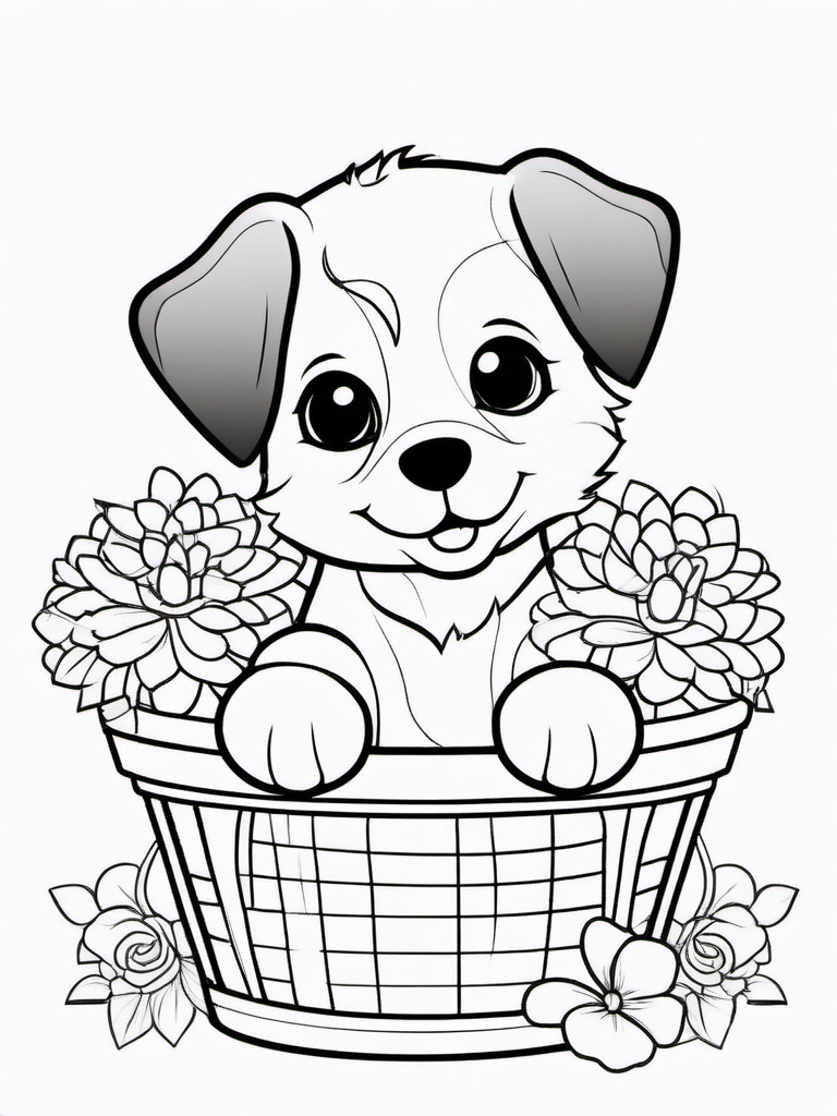 Puppy with a Flower Basket Coloring Pages - Adorable Puppy with a Basket of Flowers  minimal black outline printable sheet, coloring page