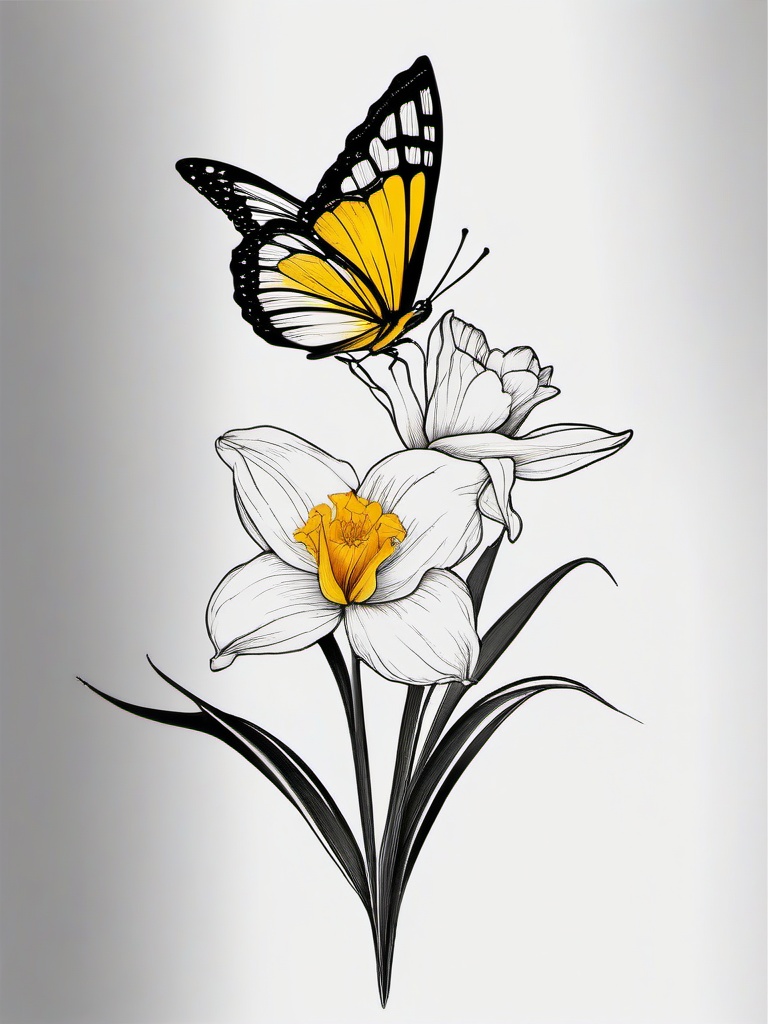 butterfly daffodil tattoo  simple color tattoo, minimal, white background