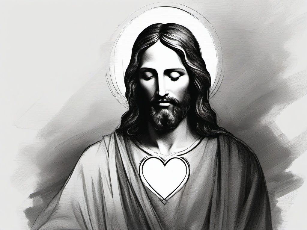 drawing of Jesus with a heart  minimal rough sketch scribbles,doodles,black and white