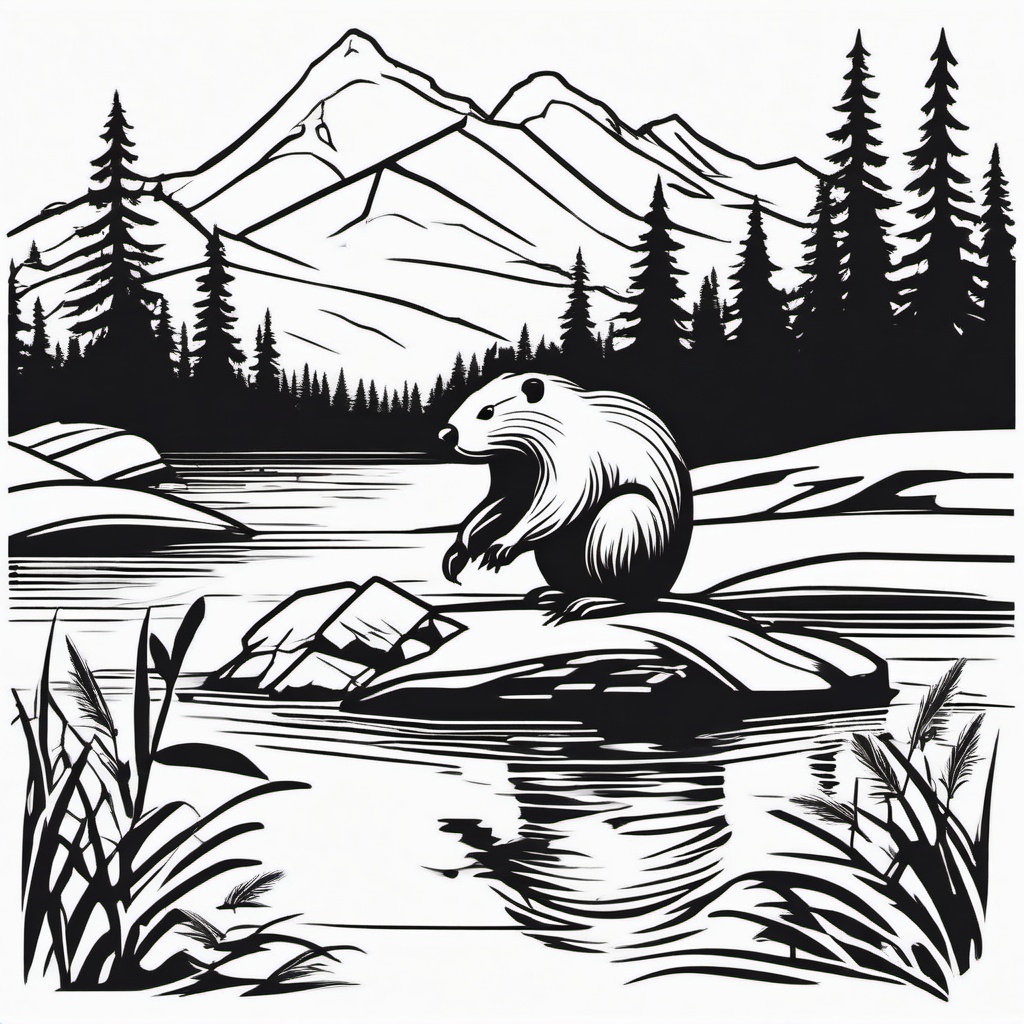 Beaver Tattoo - Hardworking beaver building a dam  few color tattoo design, simple line art, design clean white background