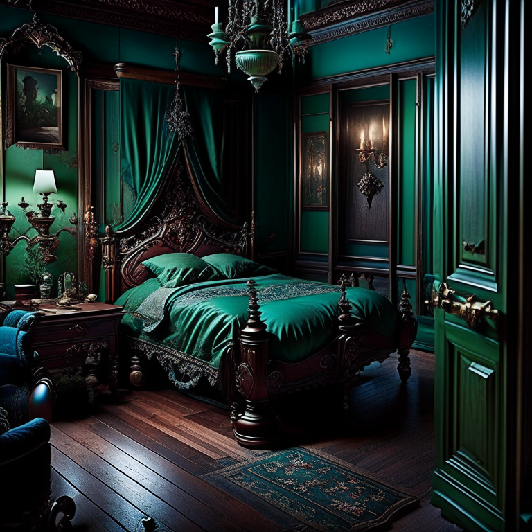 haunted mansion bedroom with antique furnishings and eerie, creaking floorboards. 