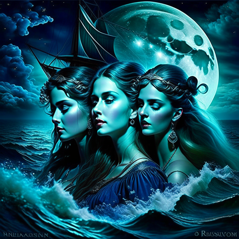 sirens enchanting sailors with their haunting melodies in the moonlit waters of a perilous sea. 