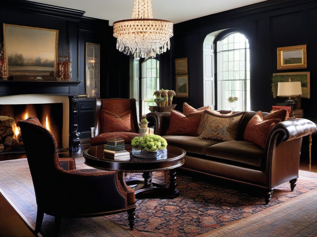 Traditional living room featuring custom Hickory Chair dark wood furniture, Ralph Lauren Persian-style rugs, and a Waterford Crystal chandelier.  