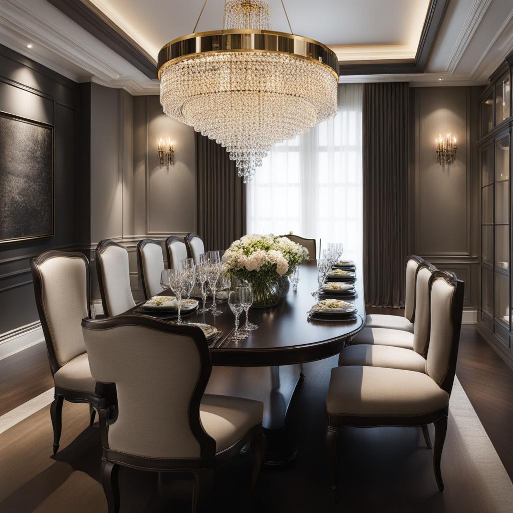 elegant dining room with a grand crystal chandelier and formal dining set. 