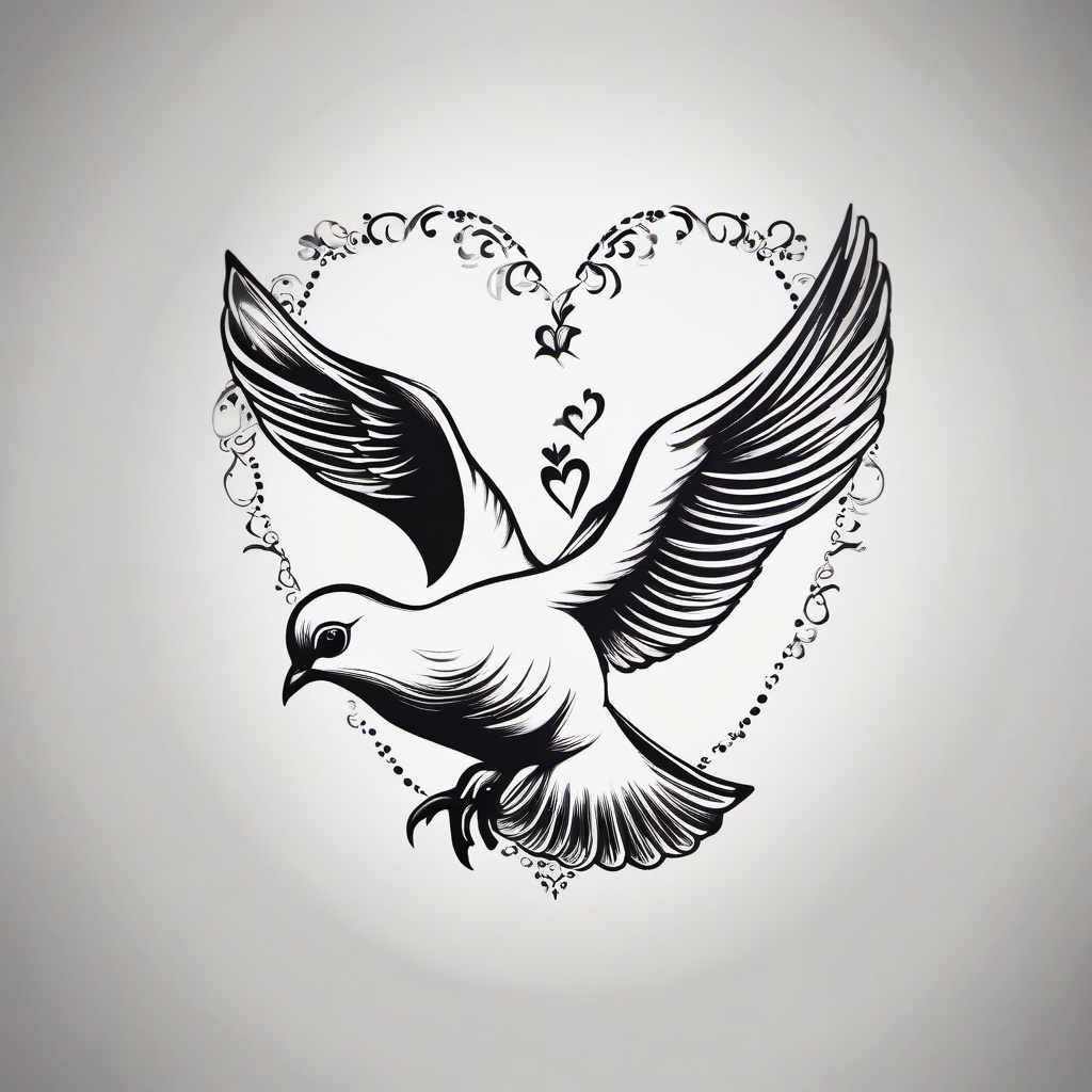 Dove and Heart Tattoo-Symbolic and meaningful tattoo featuring both a dove and a heart, capturing themes of love and peace.  simple color tattoo,white background