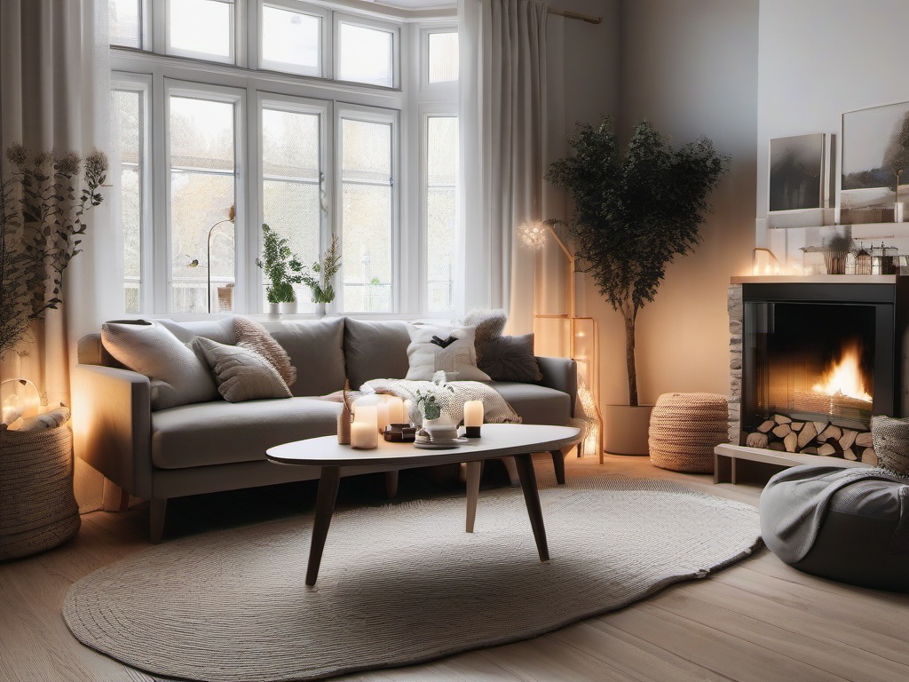 Scandinavian hygge-inspired living room with cozy textures and soft lighting.  