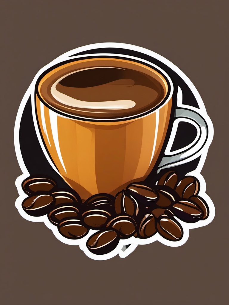 Coffee Cup and Beans Sticker - Coffee cup with scattered coffee beans, ,vector color sticker art,minimal