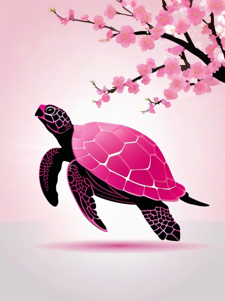 Pink Turtle - Dancing among cherry blossoms, the pink turtle imparts a sense of elegance and grace to the scene.  vector art, clipart, minimal