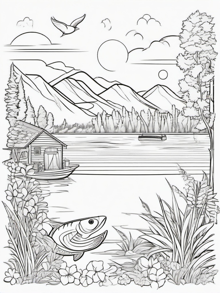 Summer Coloring Pages - Sunny day at the lake with a family fishing  simple coloring pages