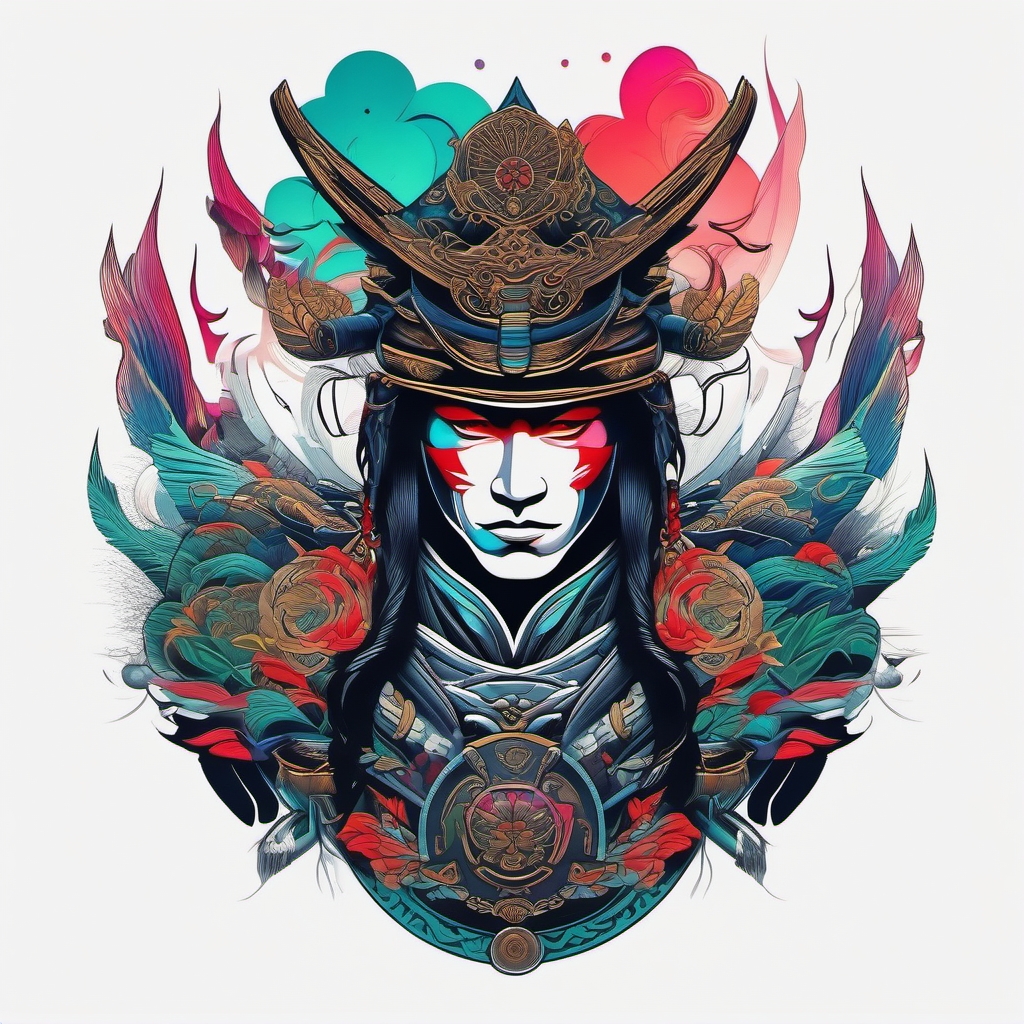 Samurai tattoo with vibrant, aurora-colored accents.  color tattoo,minimalist,white background