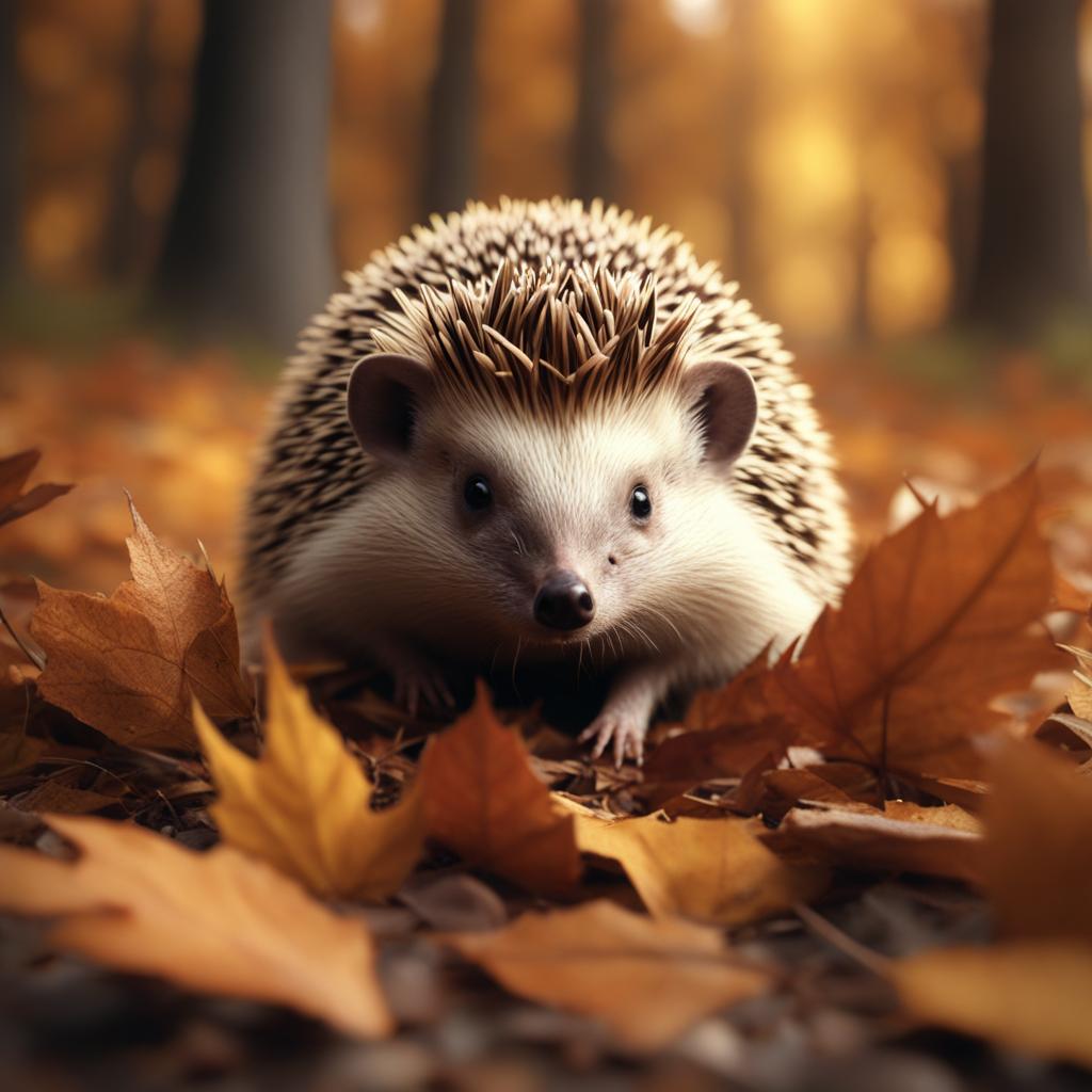 hedgehog rolling into a protective ball amidst fallen leaves 8k ultrarealistic cinematic 