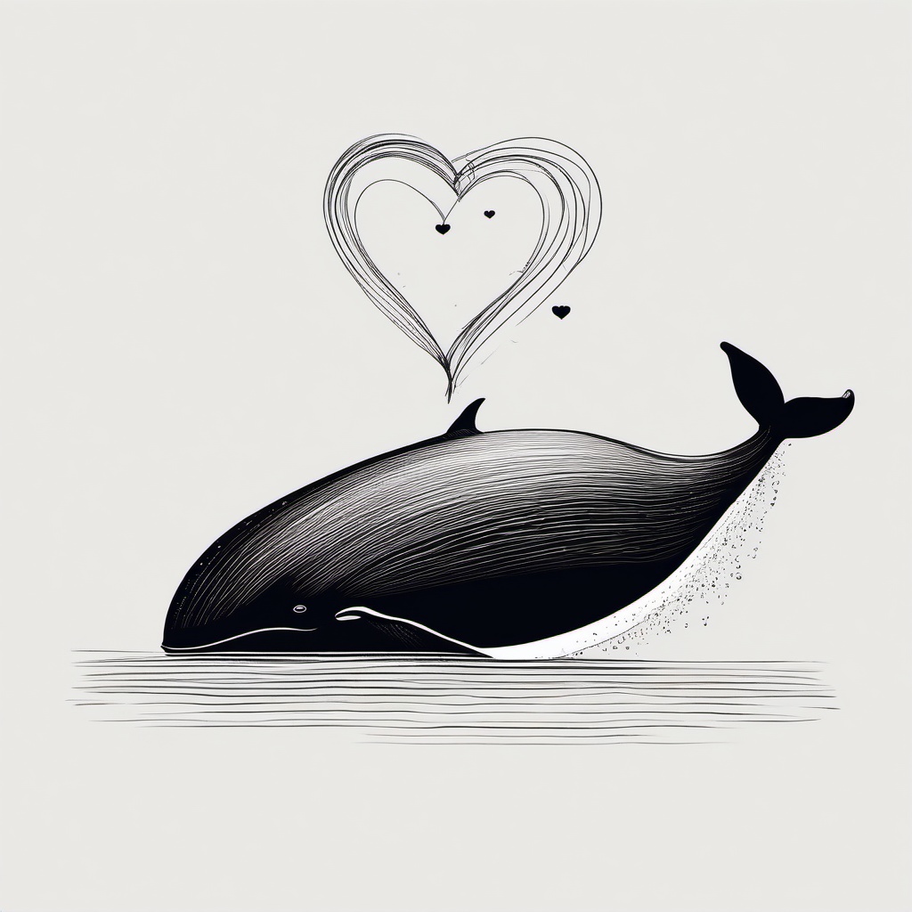 drawing of a whale with a heart  minimal rough sketch scribbles,doodles,black and white