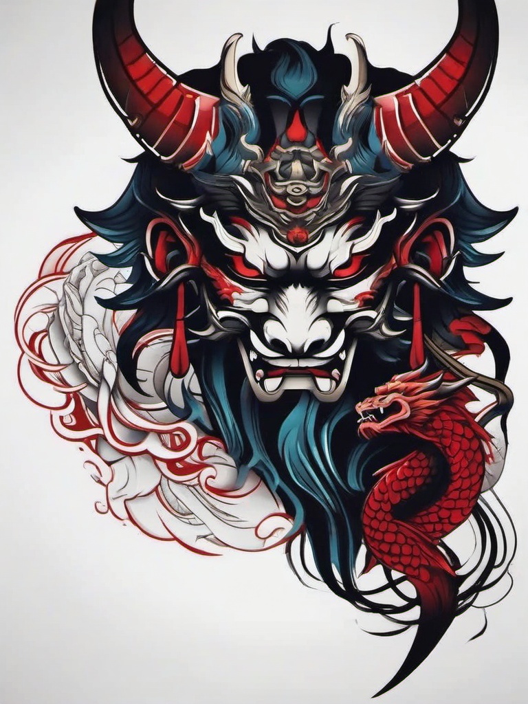 oni mask and dragon tattoo  simple color tattoo,white background,minimal