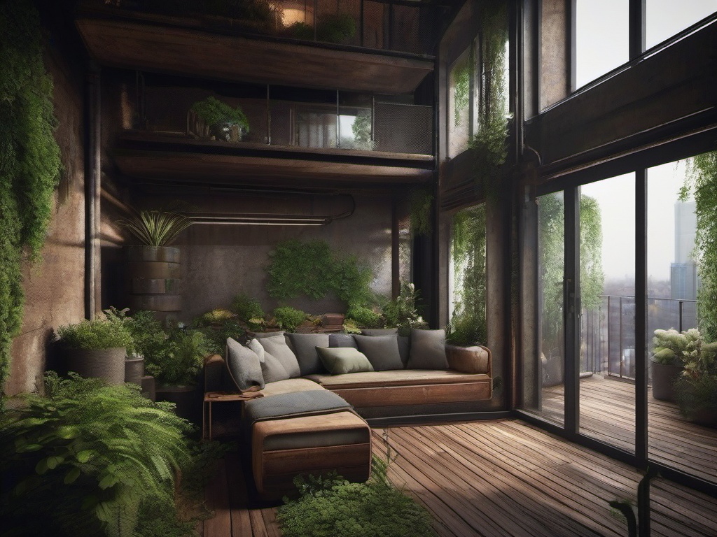 The balcony showcases Post-Apocalyptic interior design with weathered furniture, rugged accents, and greenery that creates a unique space for relaxation and enjoyment.  