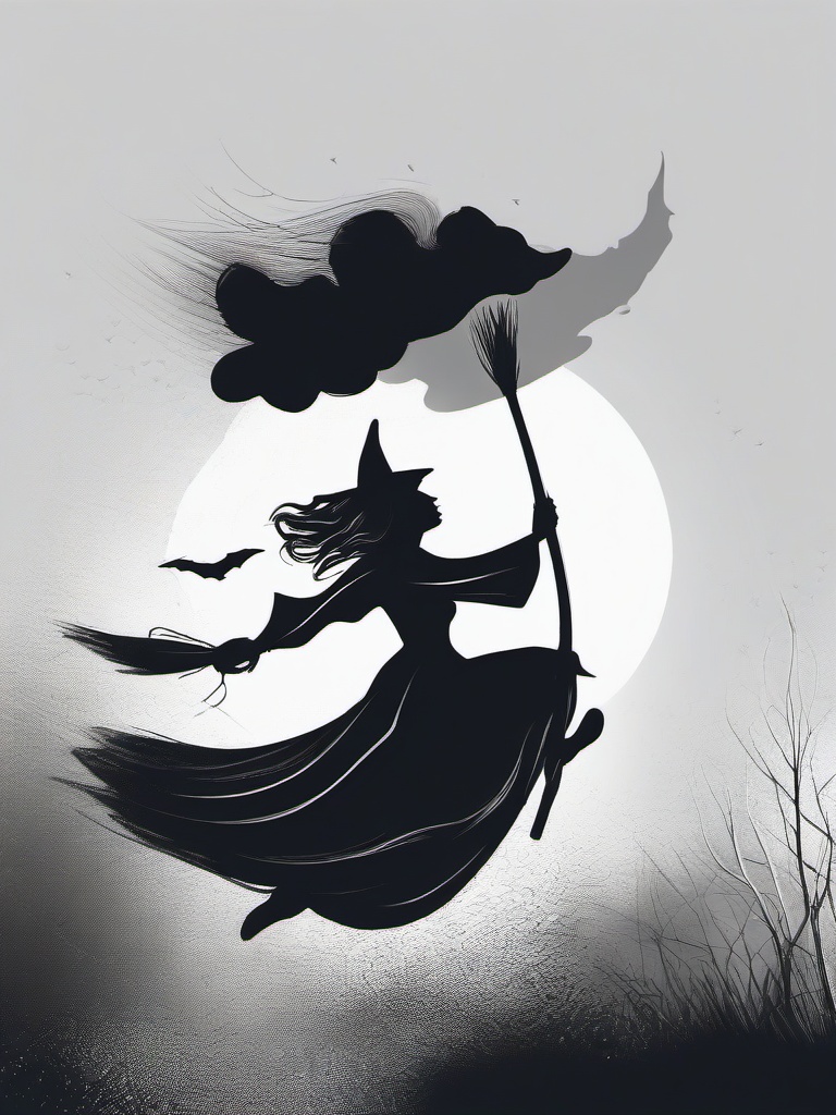 drawing of a witch flying on a broomstick  minimal rough sketch scribbles,doodles,black and white