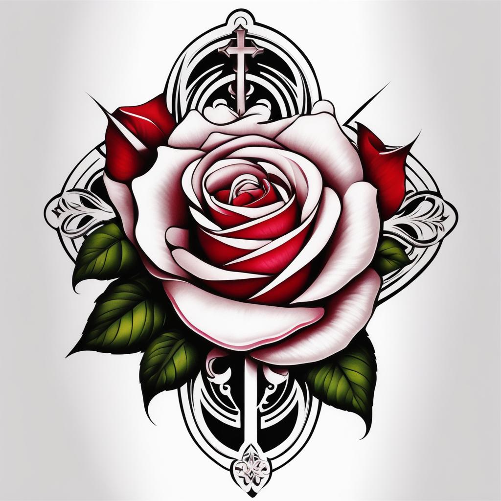 Rose with cross tattoo, Combining roses with cross symbols in tattoo art. , color tattoo design, clean white background