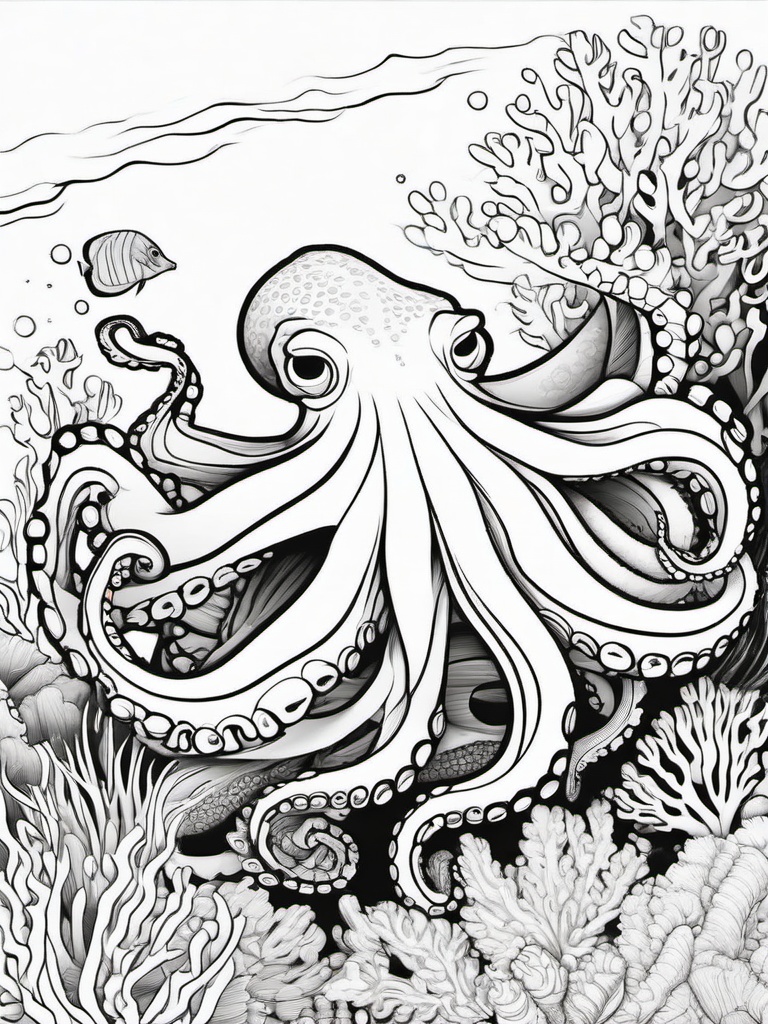 Octopus Coloring Pages - Octopus playing with colorful coral  simple coloring pages