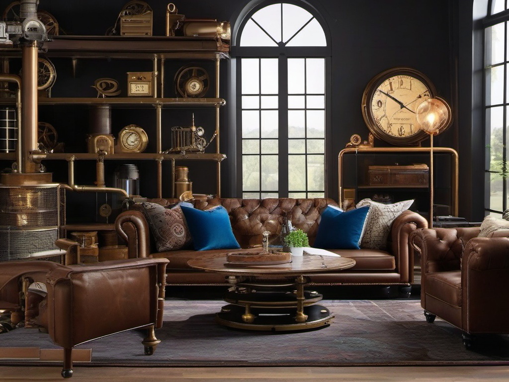 Steampunk living room features vintage furniture, exposed pipes, and eclectic decor that create a unique and creative space for relaxation.  