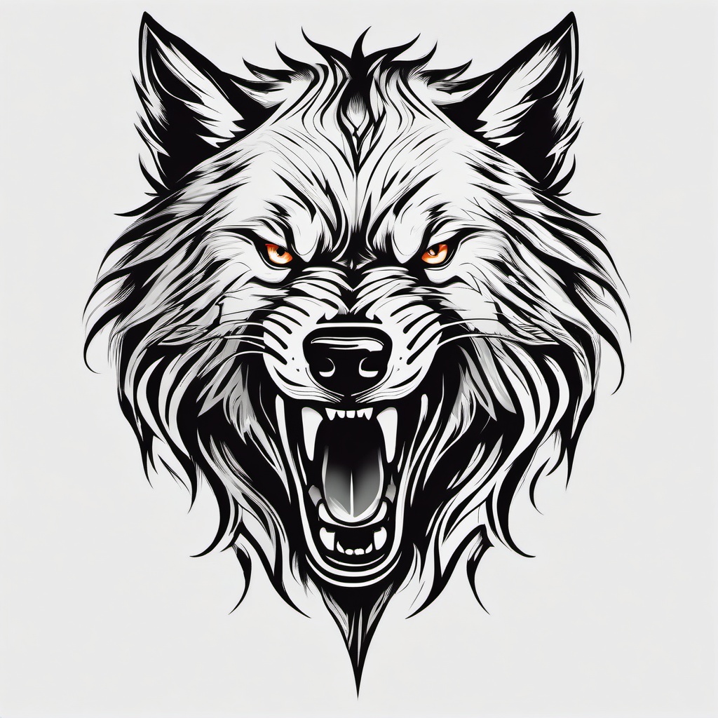 Growling Wolf Tattoo,ferocious wolf caught mid-growl, emblem of raw and untamed power. , tattoo design, white clean background