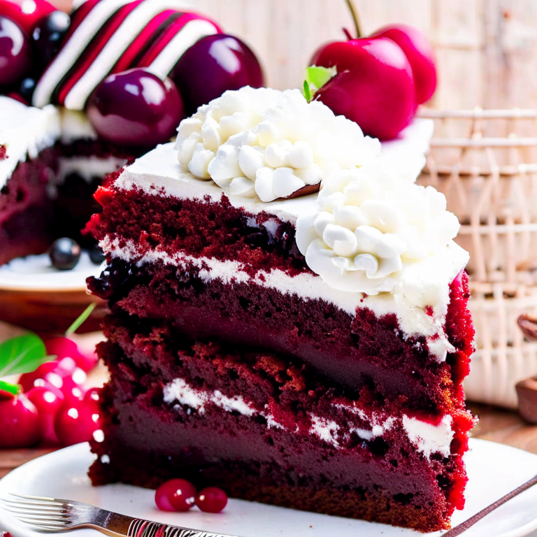 a slice of decadent black forest cake, with layers of chocolate sponge, cherries, and whipped cream. 