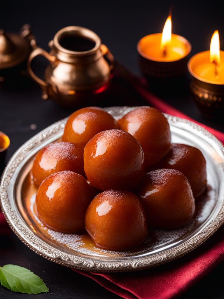 gulab jamun, indian sweet dumplings soaked in sugar syrup, enjoyed at a grand diwali celebration. 