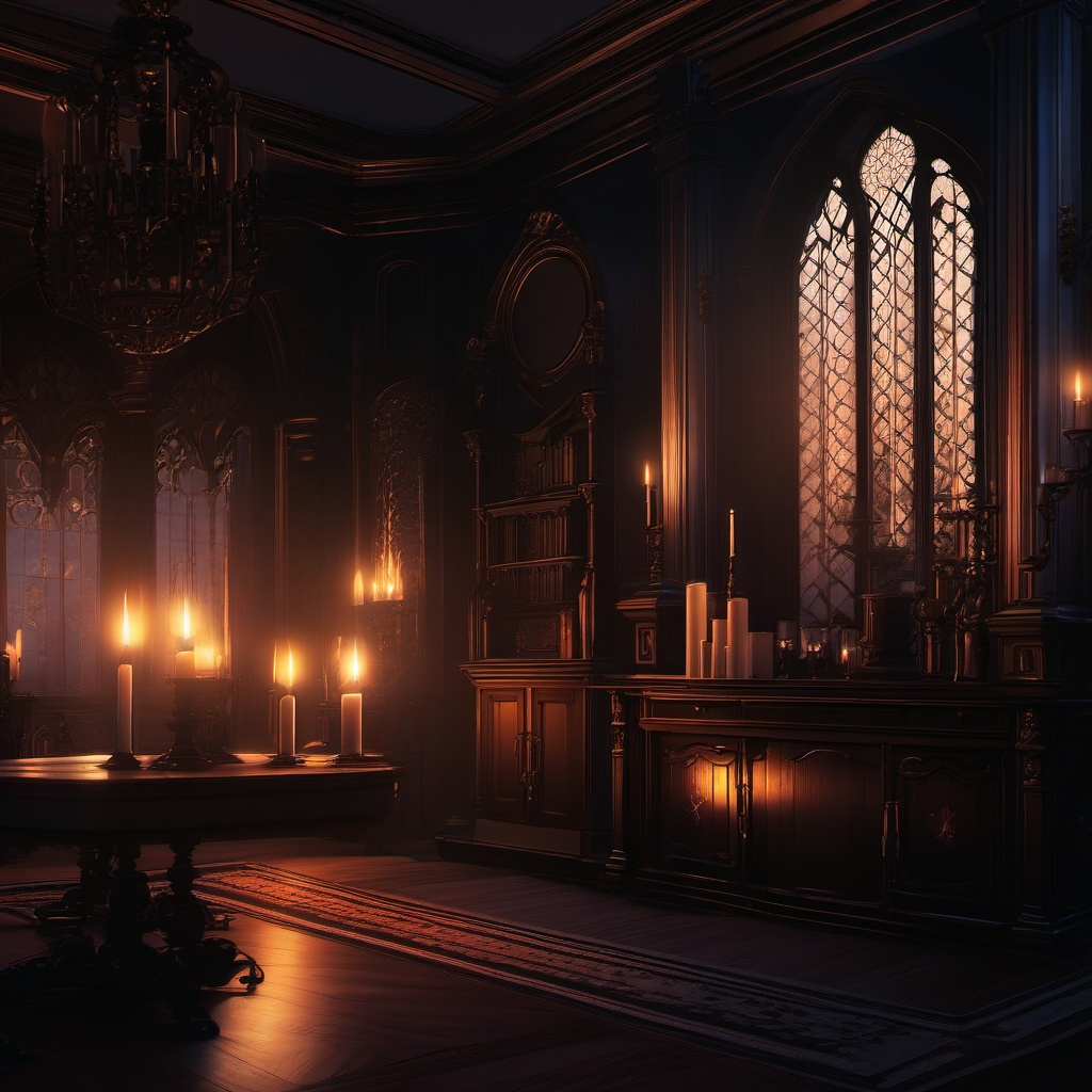 Gothic mansion interior with candlelight. anime, wallpaper, background, anime key visual, japanese manga