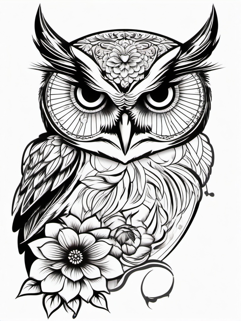 Owl and Flower Tattoo Designs - Explore creative designs with a combination of owls and flowers in a tattoo.  simple color tattoo,vector style,white background