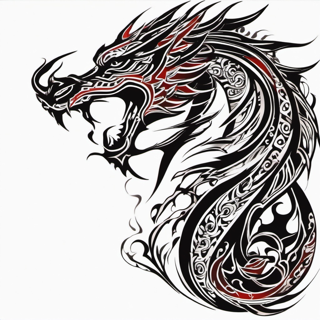 Tribal Dragon Tattoo - Dragon tattoos with tribal patterns, often emphasizing bold lines.  simple color tattoo,minimalist,white background