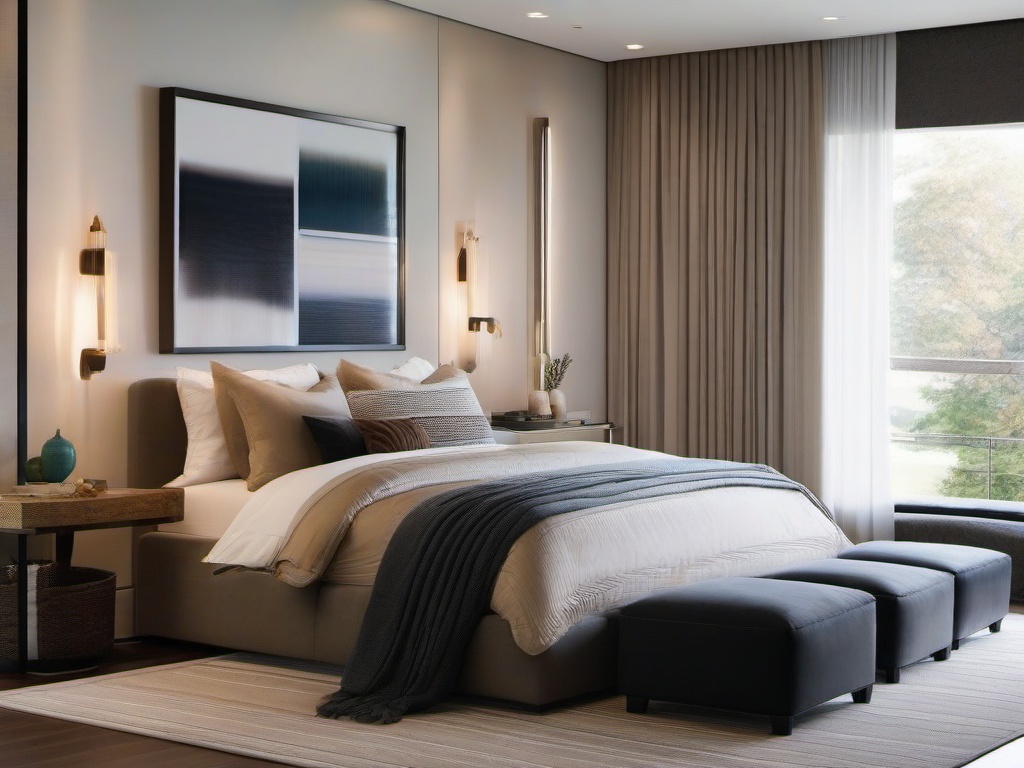 Contemporary master bedroom showcases a stylish upholstered bed, ample natural light, and modern decor elements, creating an inviting space for relaxation.  