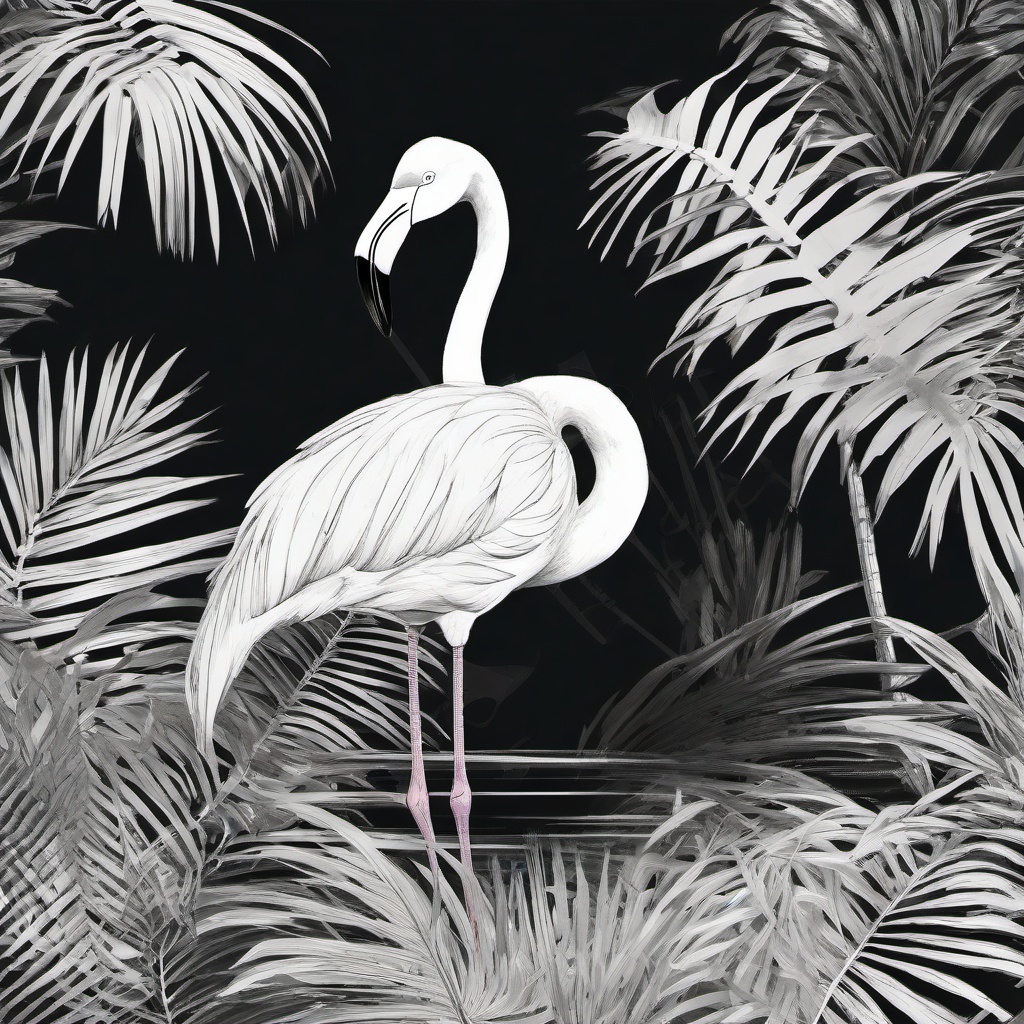 drawing of a flamingo in a tropical jungle  minimal rough sketch scribbles,doodles,black and white