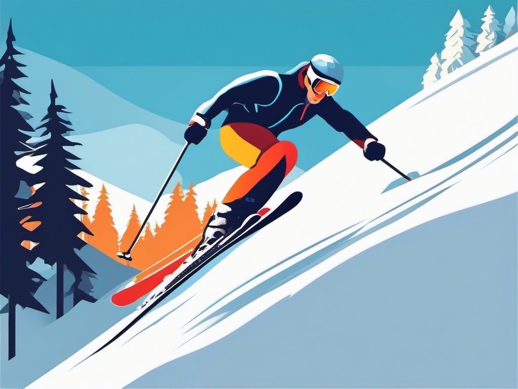 Snow Skiing Clipart - A skier descending a snowy mountain slope.  color vector clipart, minimal style