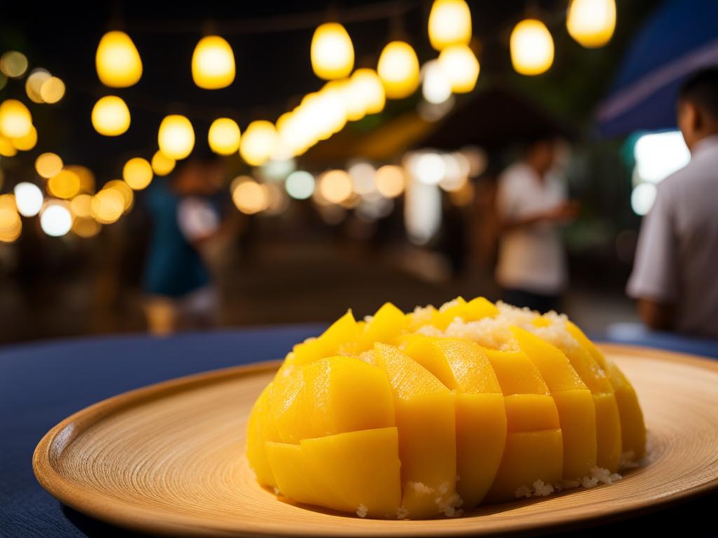 mango sticky rice, thai sweet delicacy, enjoyed under the twinkling lights of a chiang mai night market. 