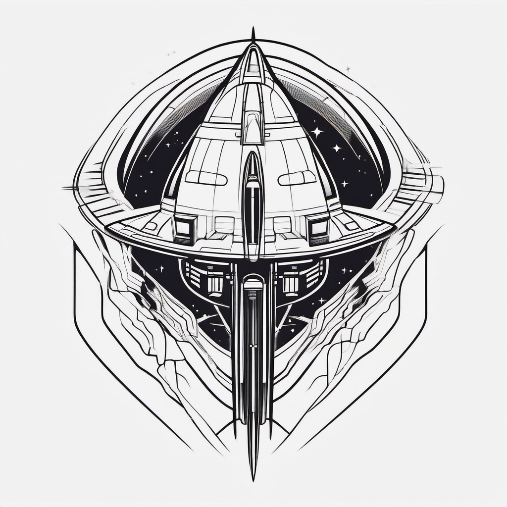 Spaceship Tattoo - A sleek spaceship tattoo embarking on a journey  few color tattoo design, simple line art, design clean white background