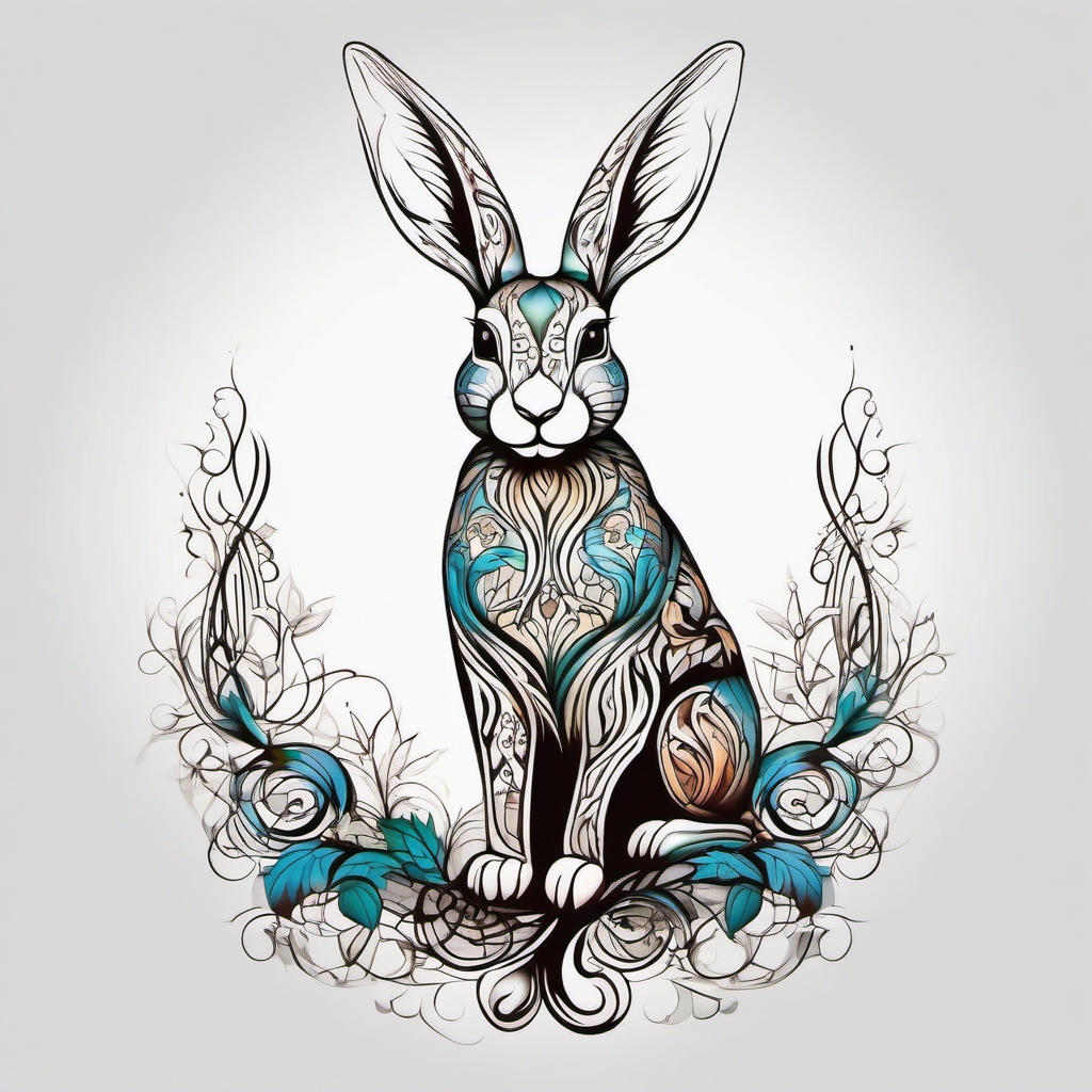 Abstract rabbit roots tattoo. Deep-seated charm of the enchanted.  color tattoo, white background