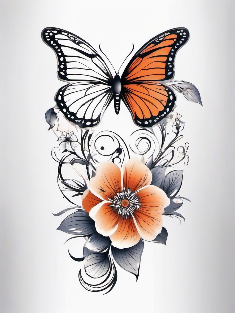 Butterfly Flower Tattoo - Tattoo combining floral elements with butterfly motifs.  simple color tattoo,minimalist,white background