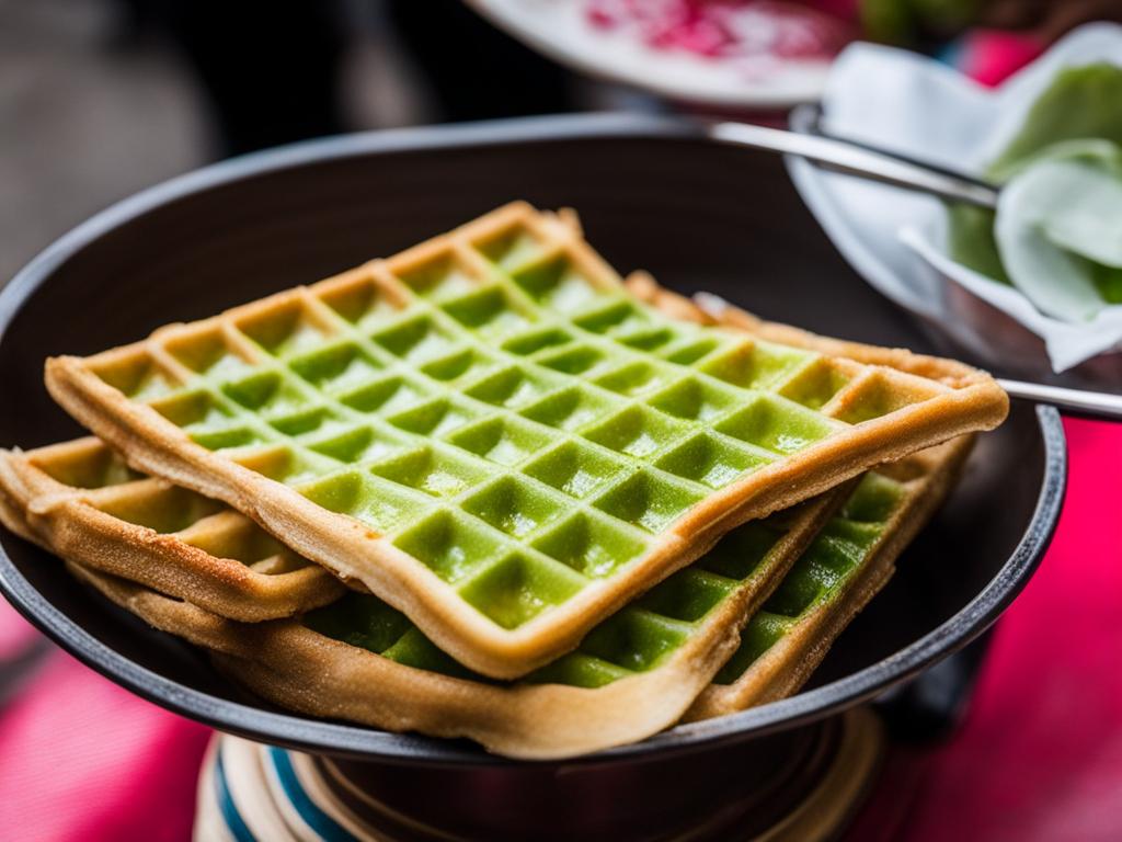 vietnamese coconut pandan waffles, devoured at a street food market in hanoi. 