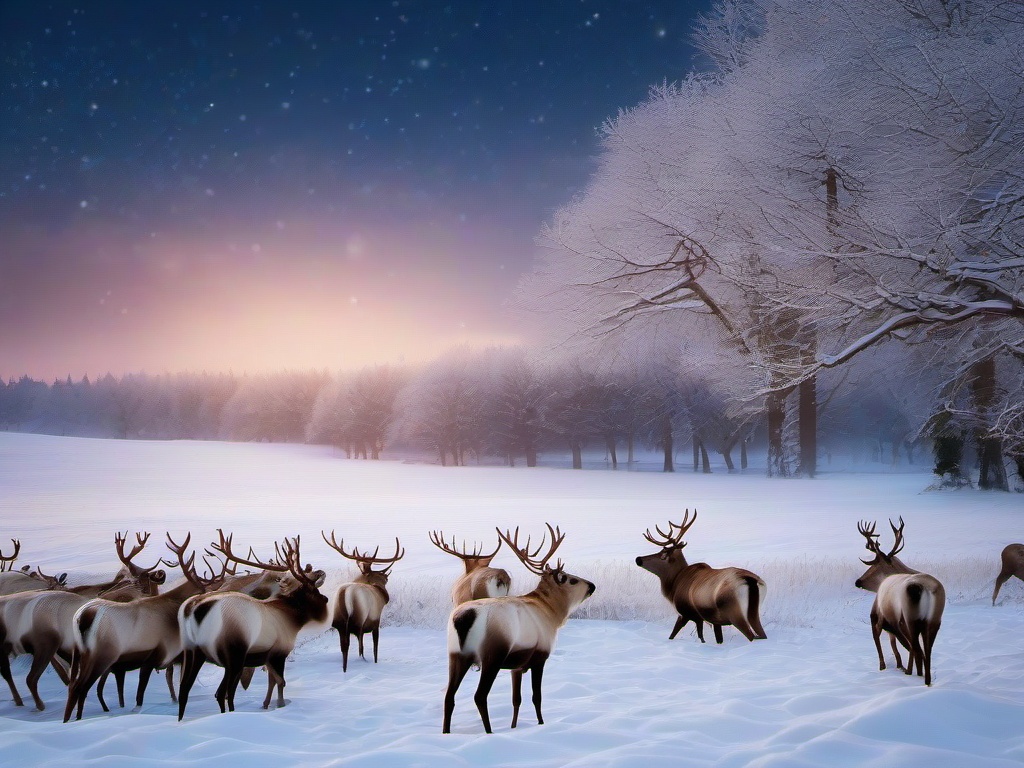 Christmas wallpaper - Reindeer grazing in a snowy field with trees in the background  aesthetic background wallpaper