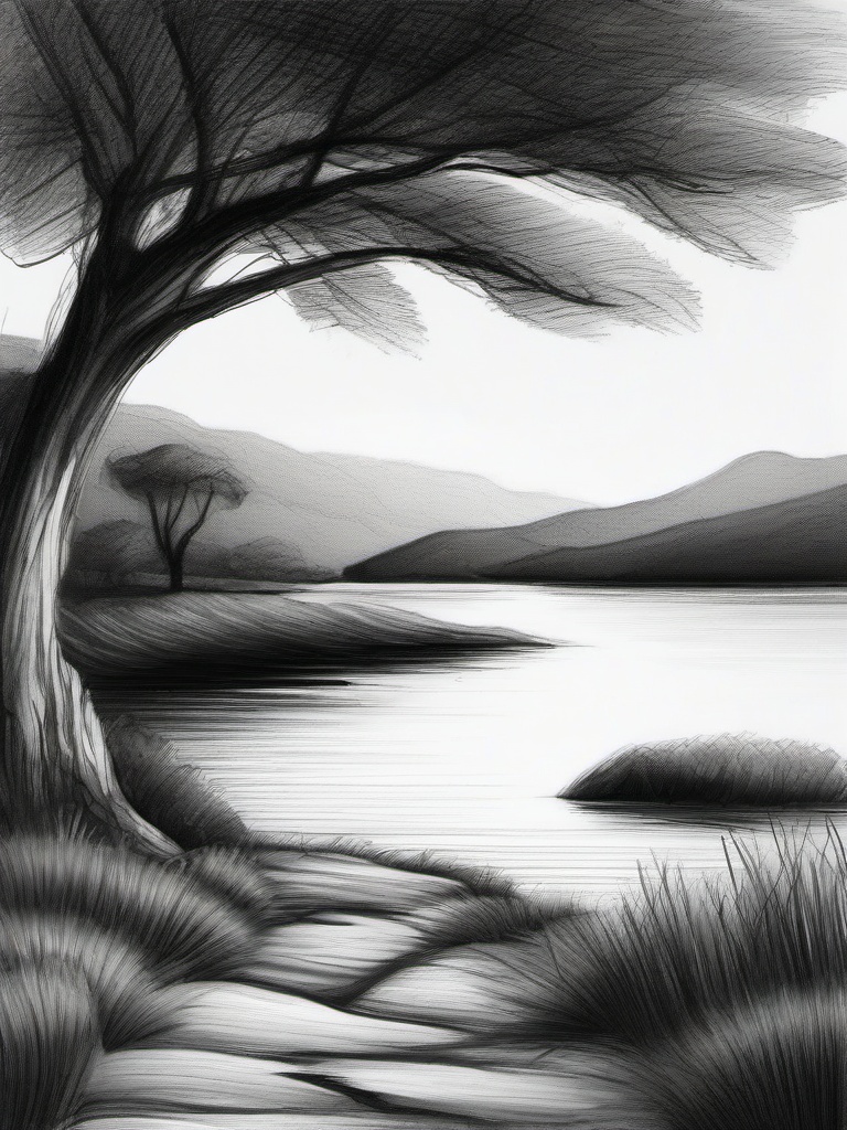 pencil sketch of scenery  minimal rough sketch scribbles,doodles,black and white