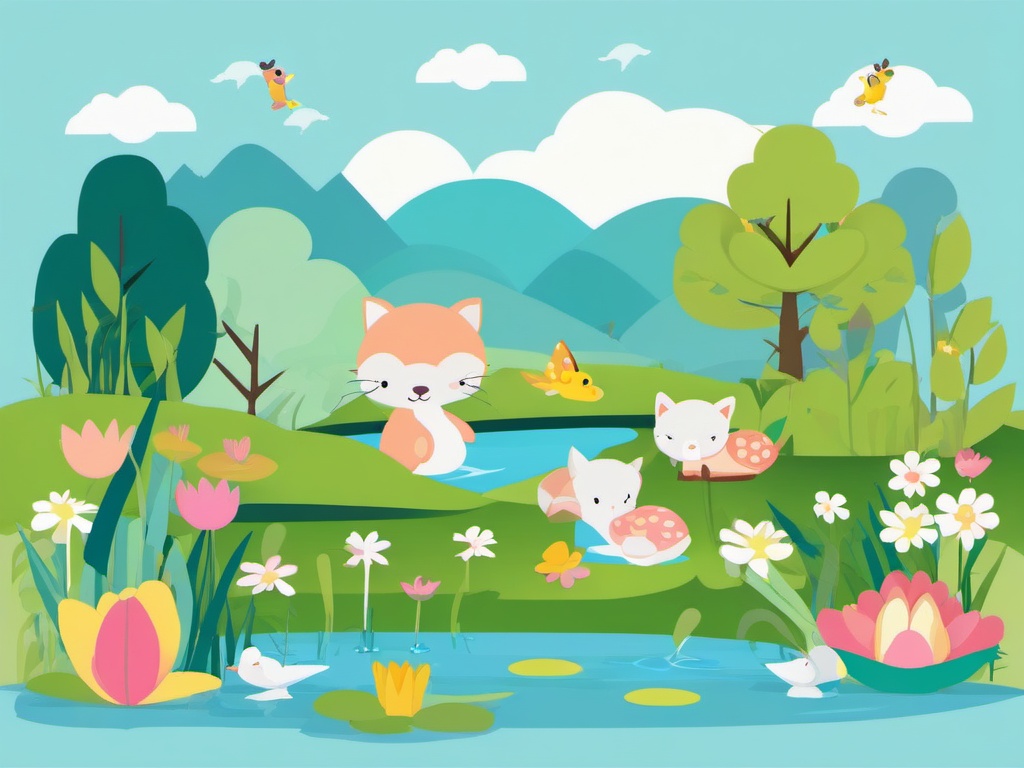 Springtime Pond Exploration clipart - Exploring a lively spring pond, ,vector color clipart,minimal