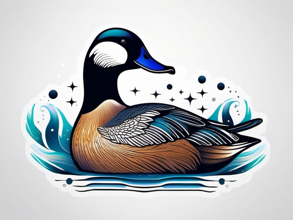 Eider duck tattoo with cosmic, galactic-patterned feathers.  color tattoo style, minimalist design, white background