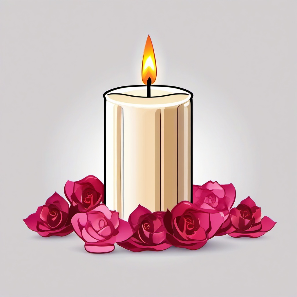 Candle clipart - Candle surrounded by rose petals.  vector style illustration, white background